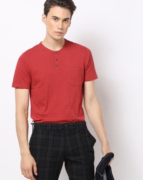 Self-Striped Pocket Henley T-shirt
