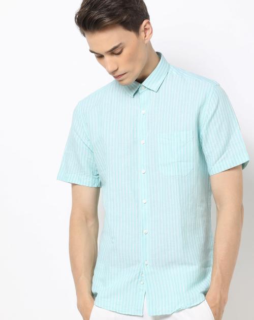 Linen Short Sleeves Slim Fit Striped Shirt