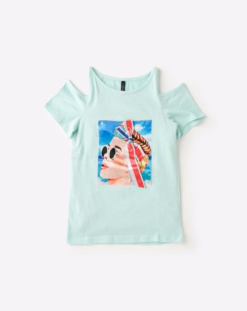 Graphic Print Cold-Shoulder Top with Bow Accent