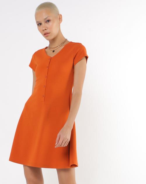V-neck A-line Dress with Front Button Placket