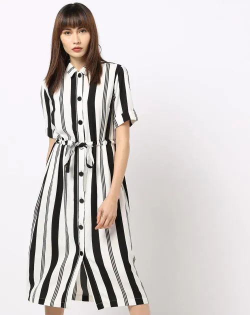 Striped Shirt Dress with Drawstring Waist