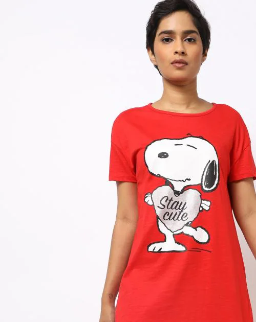 Snoopy Print Night Dress with Drop Shoulders