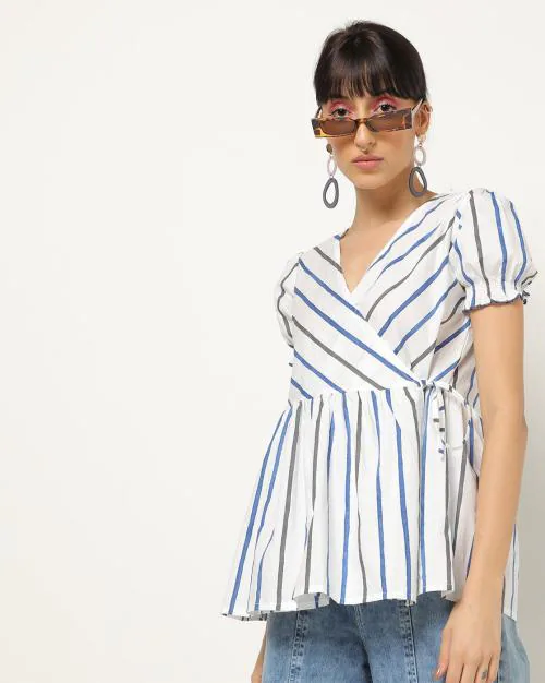 Striped Peplum Wrap Top with Tie-Up