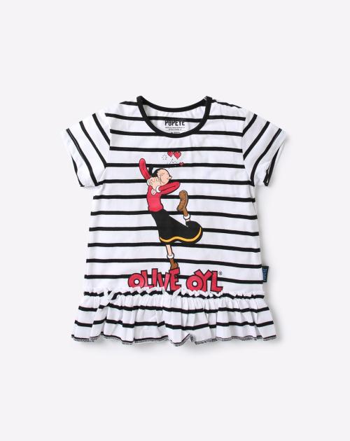 Olive Print T-shirt with Ruffled Hemline