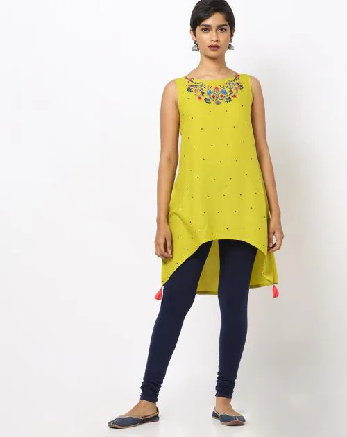 Floral Embroidered High-Low Kurti with Tassels