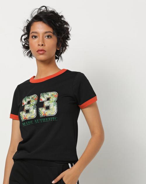 Printed Round-Neck T-shirt with Contrast Tapping