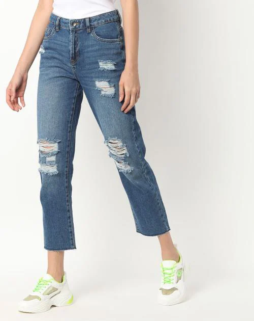 Buy Washed Distressed Girlfriend Fit Jeans Online at Best Prices in