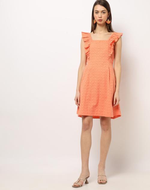 Schiffli A-line Dress with Ruffled Sleeves