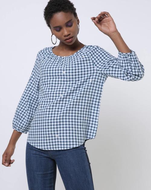 Checked Top with Keyhole Neckline