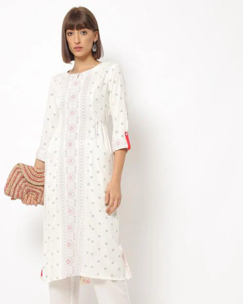 Off White Viscose Straight Kurta