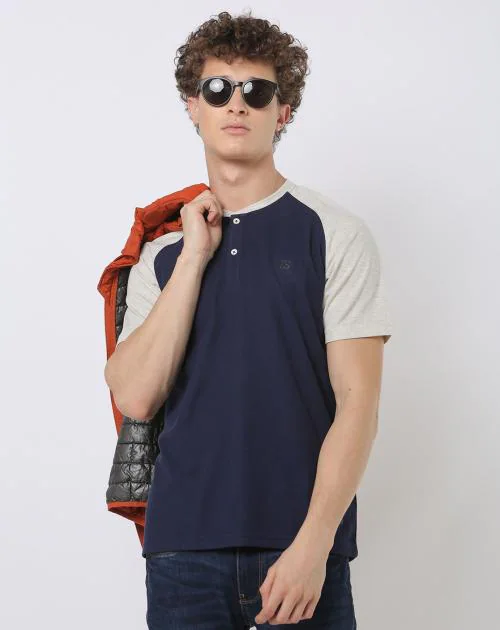 Regular Fit Henley T-Shirt with Contrast Raglan Sleeves