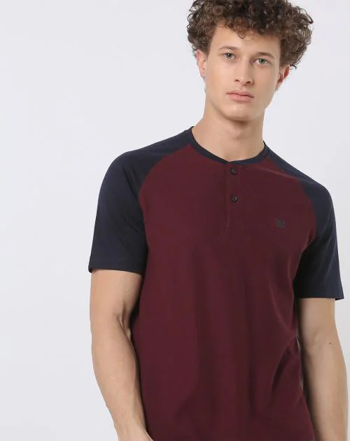 Regular Fit Henley T-Shirt with Contrast Raglan Sleeves