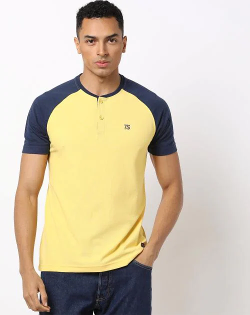 Regular Fit Henley T-Shirt with Contrast Raglan Sleeves