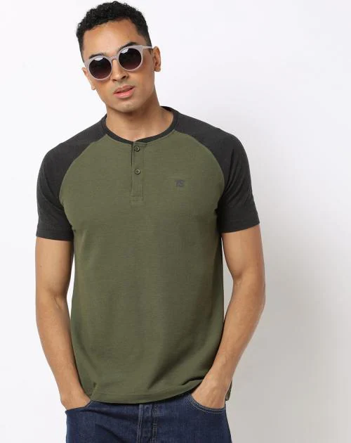 Regular Fit Henley T-Shirt with Contrast Raglan Sleeves