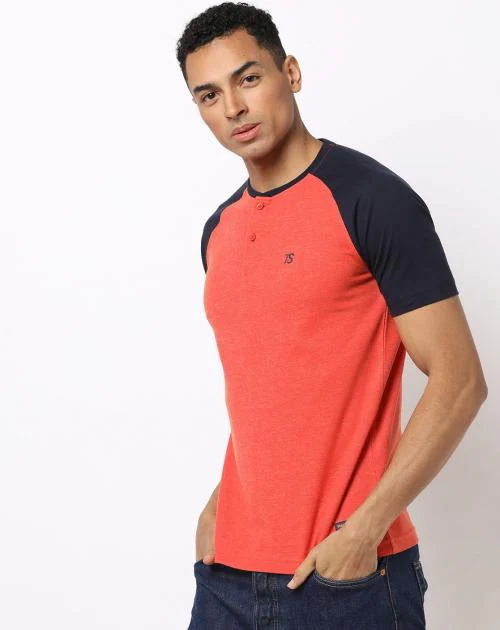 Regular Fit Henley T-Shirt with Contrast Raglan Sleeves