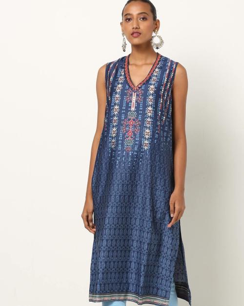 Printed V-neck Straight Sleeveless Kurta