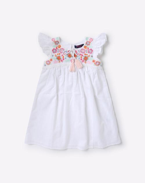 Flared Dress with Floral Embroidered Yoke