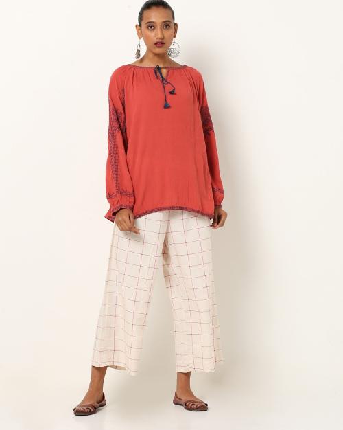 Embroidered A-line Kurti with Checked Pants
