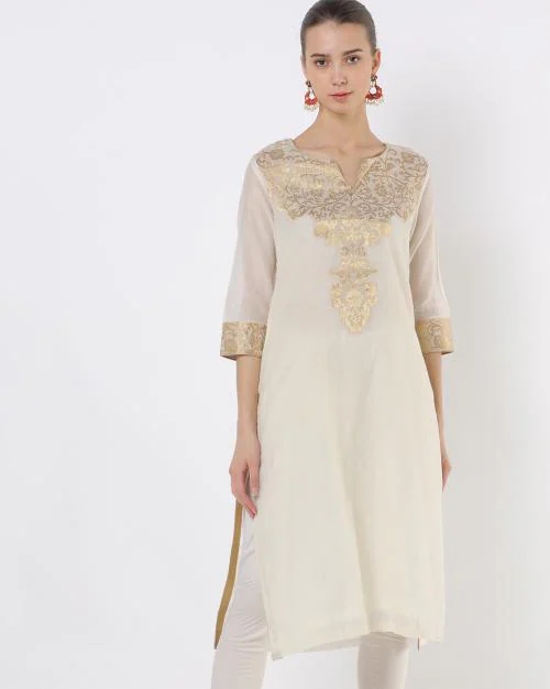 Floral Print Straight Kurta with Notched Neckline