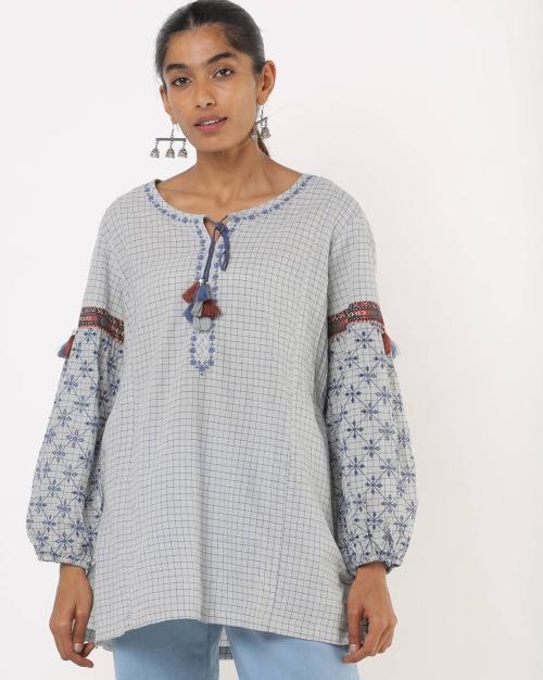 Checked Straight Kurti with Bishop Sleeves