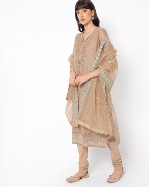 Embellished Straight Kurta with Churidar & Dupatta