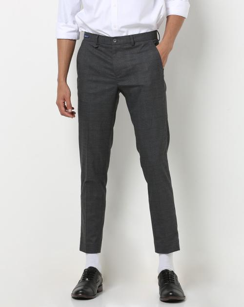Checked Slim Fit Flat-Front Trousers with Insert Pockets