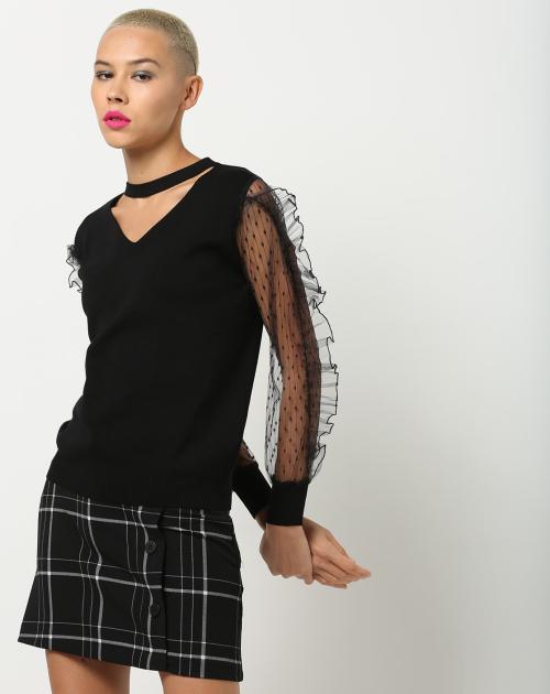 Choker-Neck Top with Sheer Sleeves