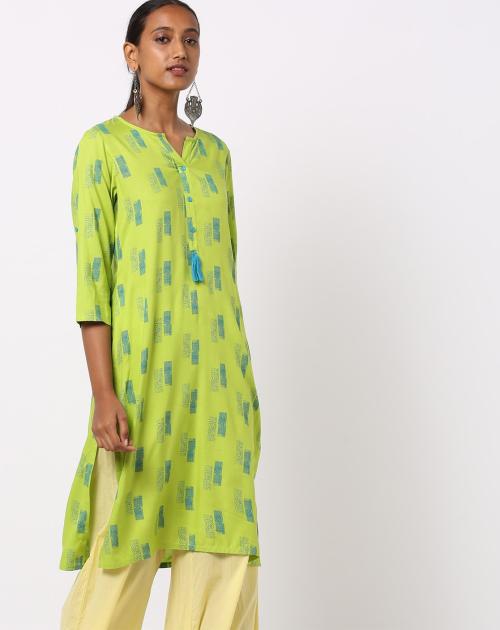 Printed Straight Kurta with Notched Round Neck