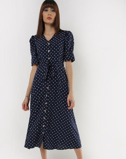 Polka-Dot Front-Open A-line Dress