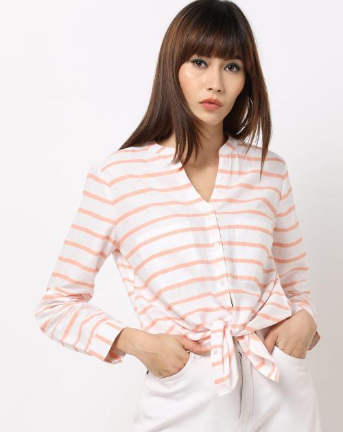 Striped Button-Down Top with Patch Pocket