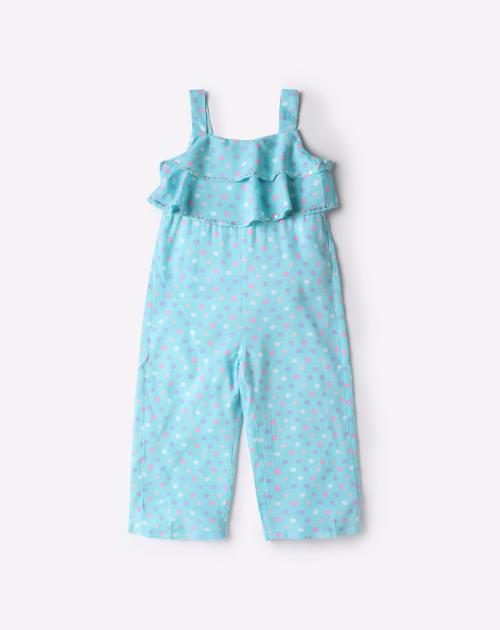 Polka-Dot Print Dungaree Dress with Ruffled Panels