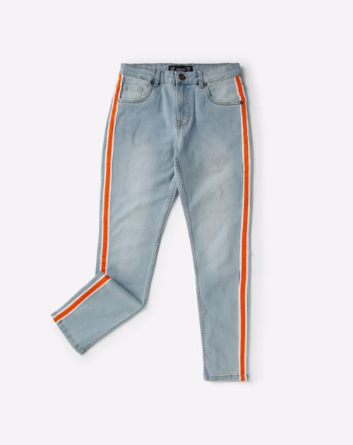 Lightly Washed Mid-Rise Jeans with Contrast Taping