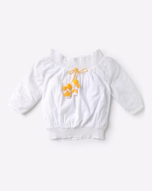 Textured Off-Shoulder Top with Tassel Tie-Up