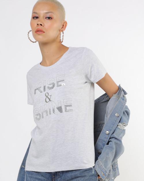 Typographic Print Heathered T-shirt with Sequins