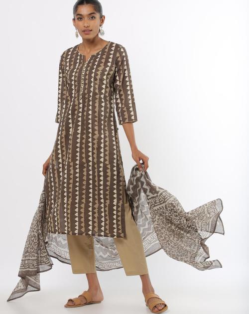 Geometric Print Straight Kurta with Ankle-Length Pants & Dupatta