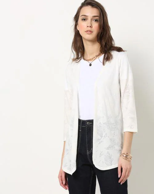 Leaf Print Open-Front Shrug