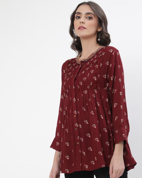 Relaxed Fit Floral Print Button-Down Tunic