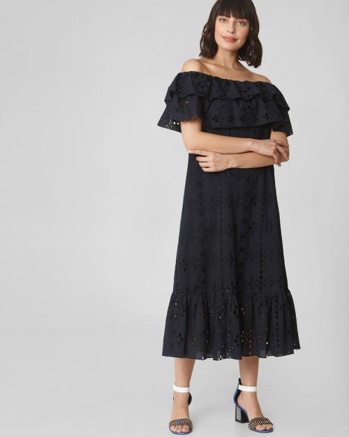 Schiffli-Embroidered Off-Shoulder Shift Dress with Ruffles
