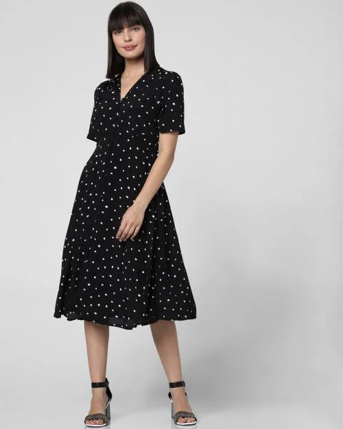 Polka-Dot Print Button-Down Midi Dress