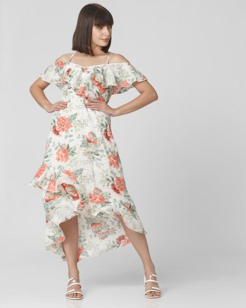 Floral Print Ruffled Cold-Shoulder High-Low A-line Dress