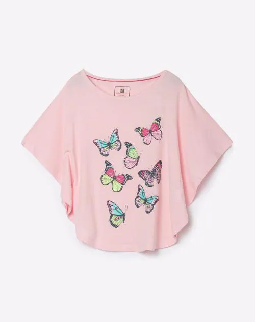 Striped Round-Neck Poncho T-shirt with Placement Print