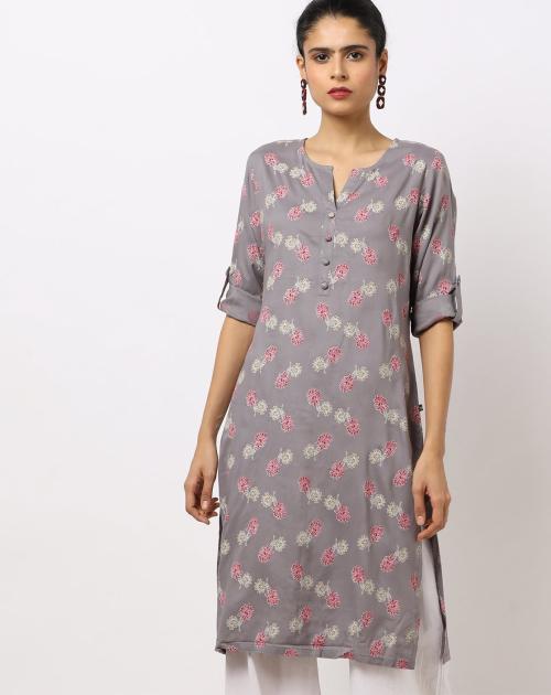 Floral Print Straight Kurta with Side Slits