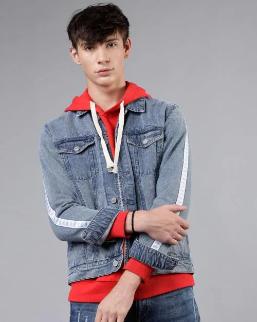 Washed Trucker Jacket with Contrast Taping