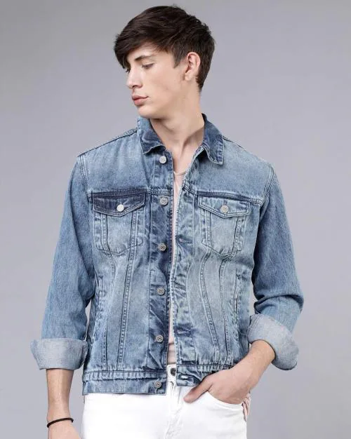 Typographic Print Washed Denim Jacket with Buttoned Flap Pockets