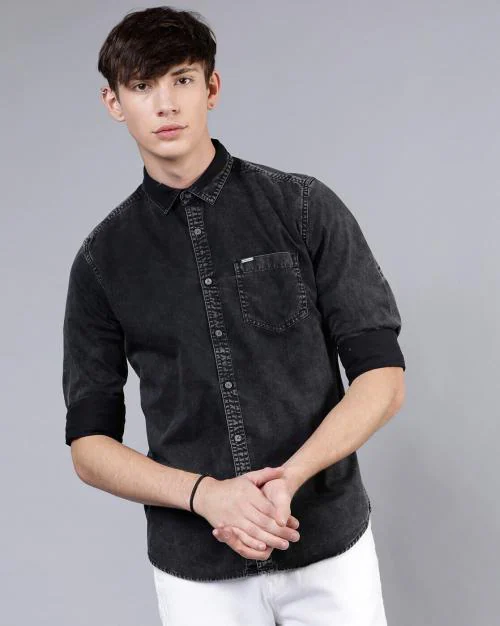 Washed Slim Fit Denim Shirt with Patch Pocket