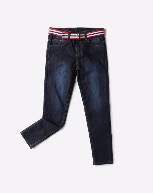Washed Jeans with Detachable Striped Belt