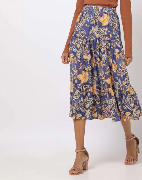 Floral Print Tiered Midi Skirt