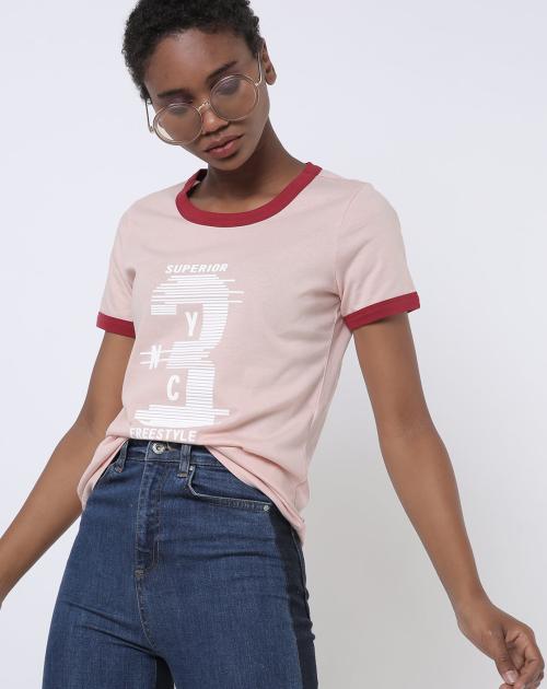 Graphic Print Crew-Neck Ringer T-shirt