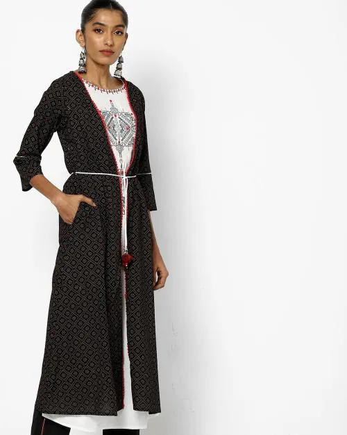 Printed A-line Kurta with Tie-Up