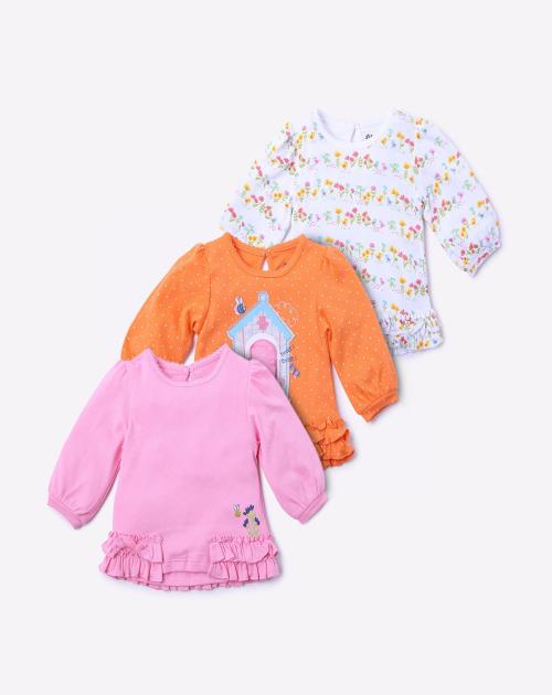 Pack of 3 Printed T-shirt with Ruffled Hem